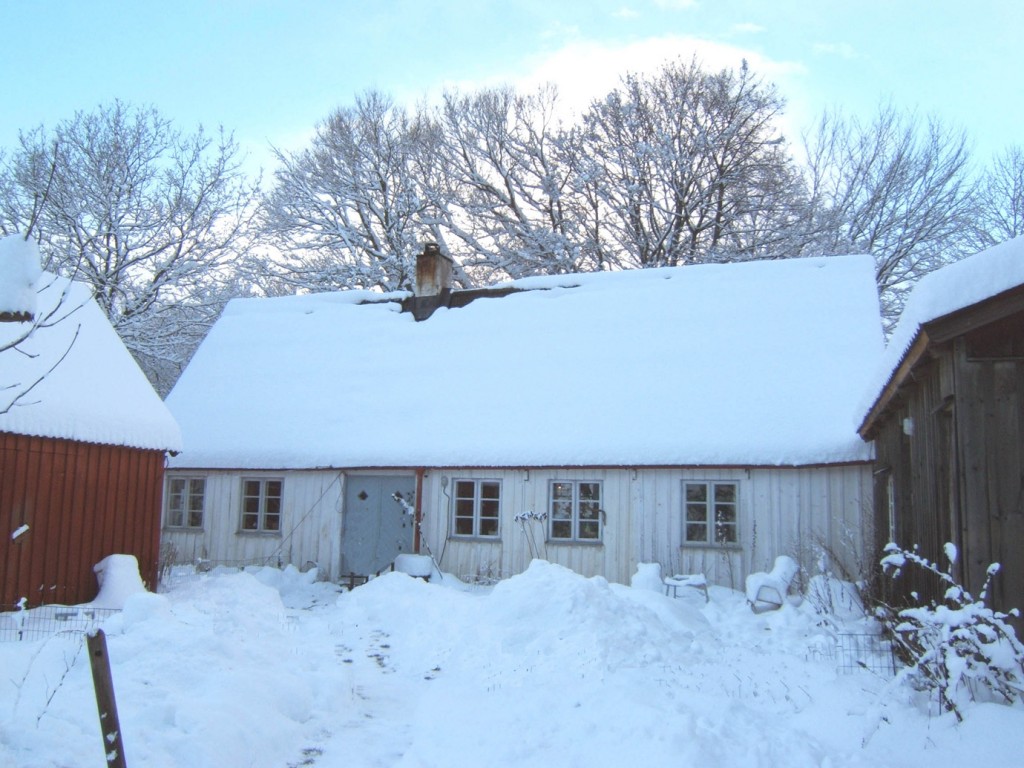 vit fasad i snö